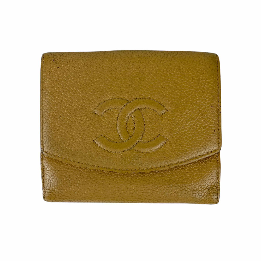 CHANEL Timeless CC Logo Compact Bifold Wallet Beige Caviar Leather